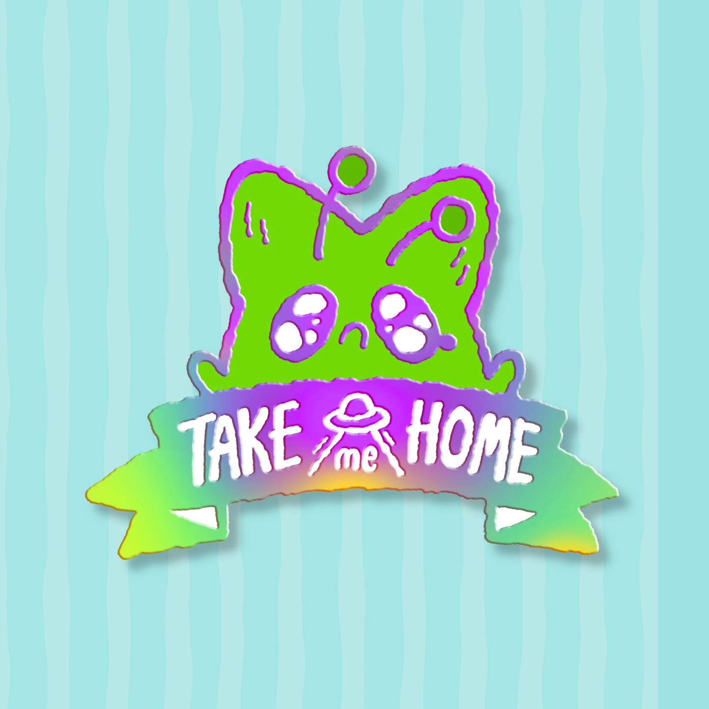 A hard enamel pin with rainbow plating, featuring a crying alien Anxiety Fox saying "Take me home".