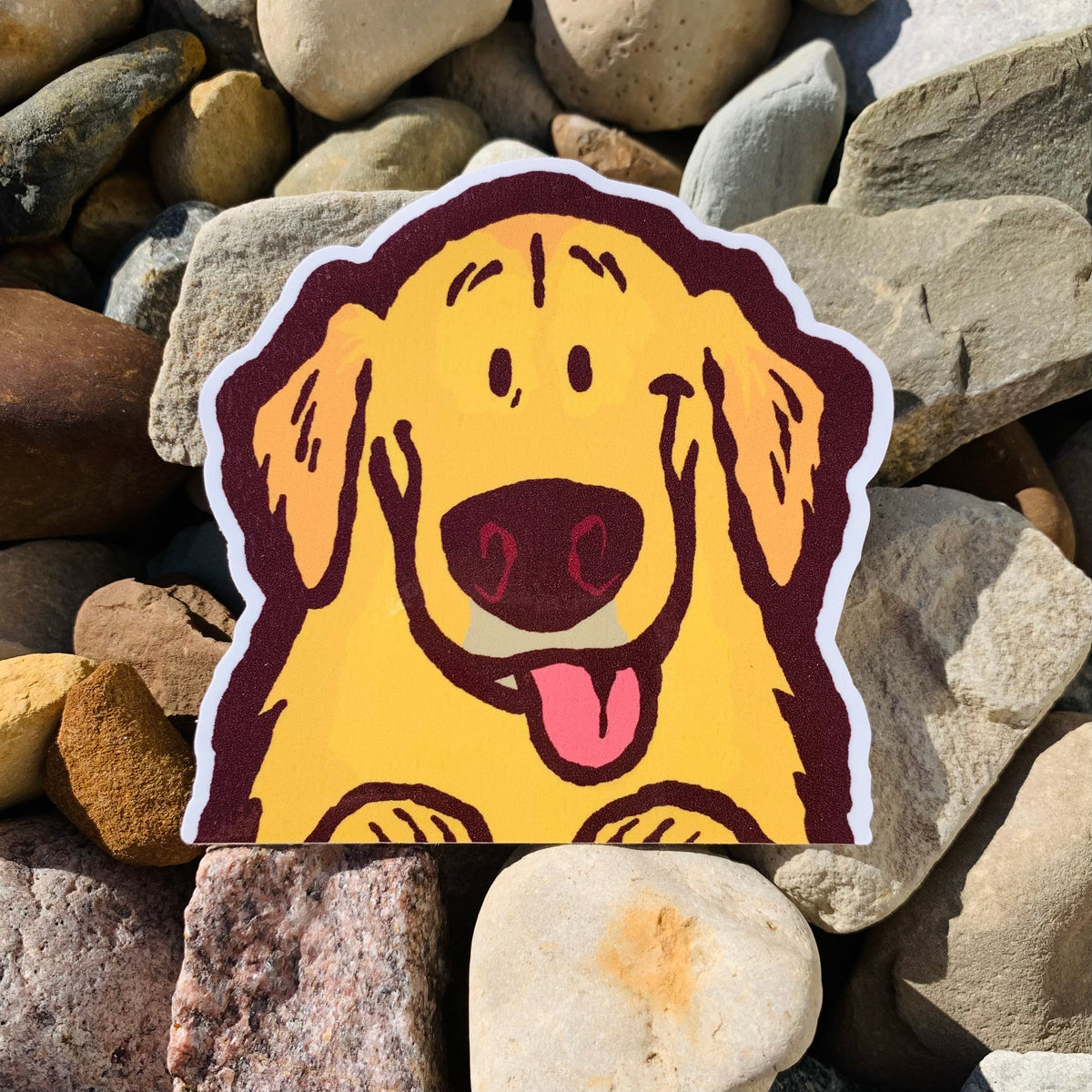Weatherproof vinyl sticker of a golden retriever peeker, made by Made By Nao!, featuring a cute dog design.