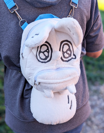 Soft plush fox backpack by Made by Nao featuring a cute, cuddly design with adjustable straps and a front zipper pocket.