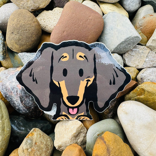 A vinyl sticker of a dachshund on top of multi-colored stones