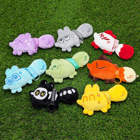 Group photo of Smol Feelings mood plush toys by Made By Nao! featuring soft, colorful plush toys on green grass.
