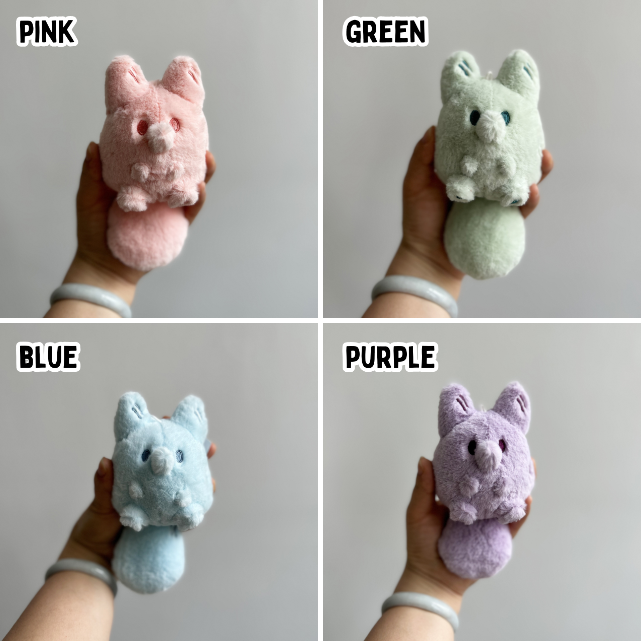 Four panels with a hand holding a colorful fox plush toy against a white background