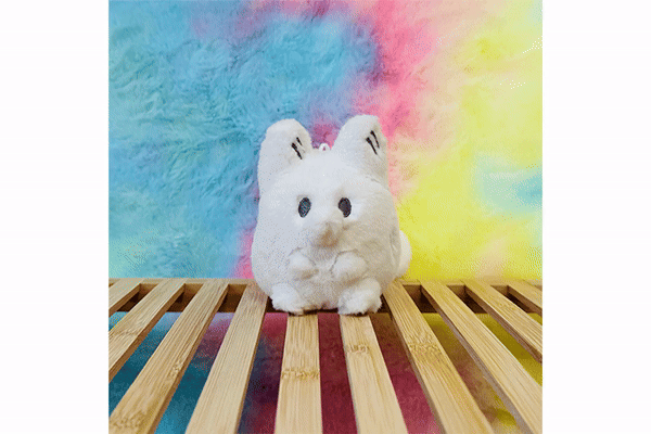 A rotating gif of a white fox plush toy against a colorful background