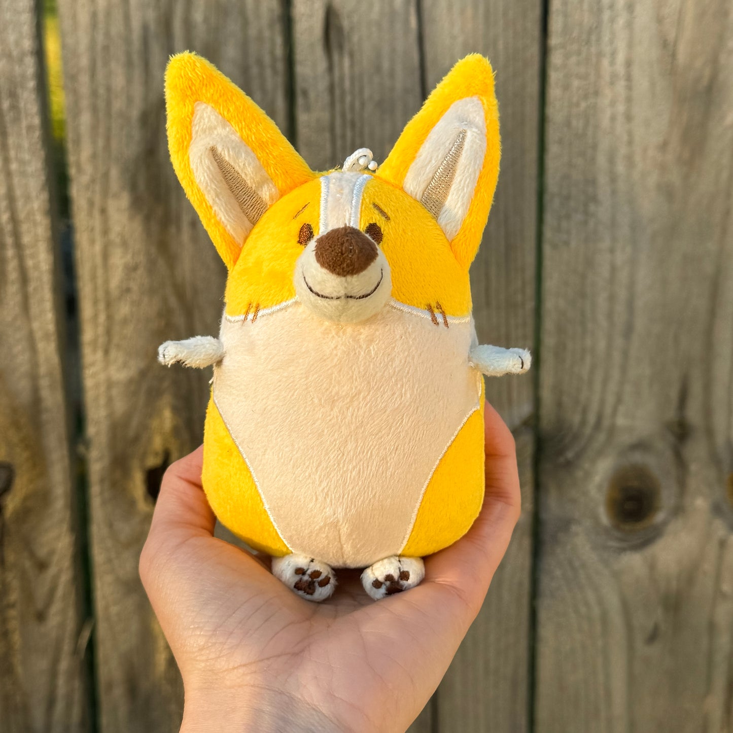 A hand holding a small plush toy of a corgi