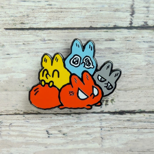 Group of colorful enamel pins called Smol Feelings by Made By Nao!, featuring cute, expressive character designs on a white background.