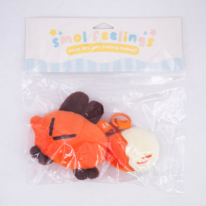 Red fox plush toy from Made By Nao's Smol Feelings mood plush collection, shown in packaging.
