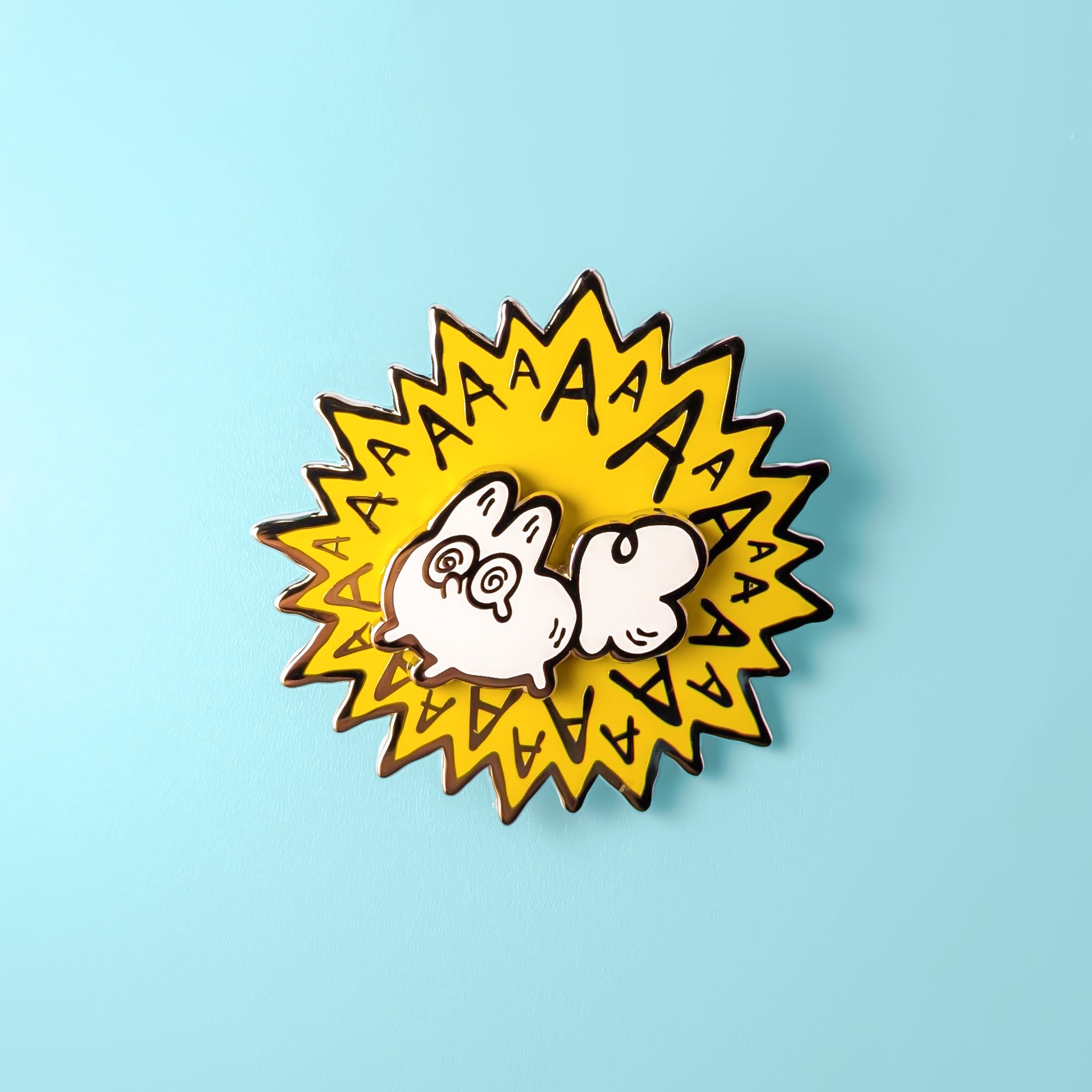 Made By Nao! AAAAAA Meltdown Spinner Anxiety Fox enamel pin showing a cute fox with a spinning feature on a white background.