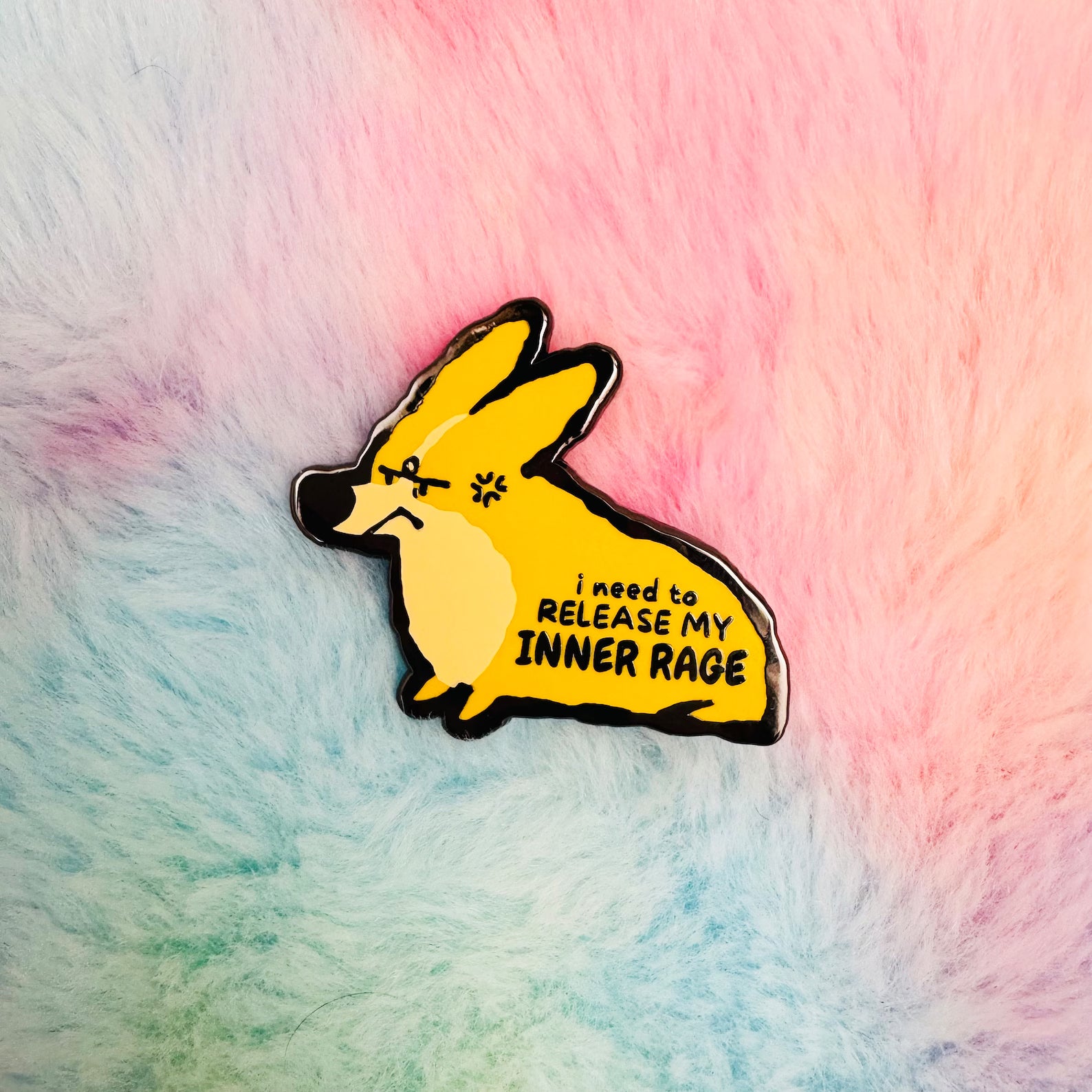 Bug the Corgi enamel pin from Made By Nao! Features a cute corgi with a humorous expression, perfect for pin collectors.
