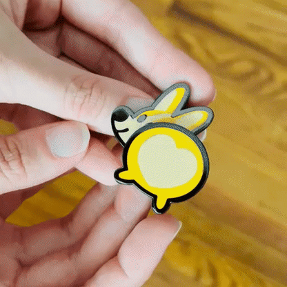 Bug the Corgi Wiggle Butt spring enamel pin by Made By Nao! features a cute corgi with a wagging tail, perfect for pin collectors.