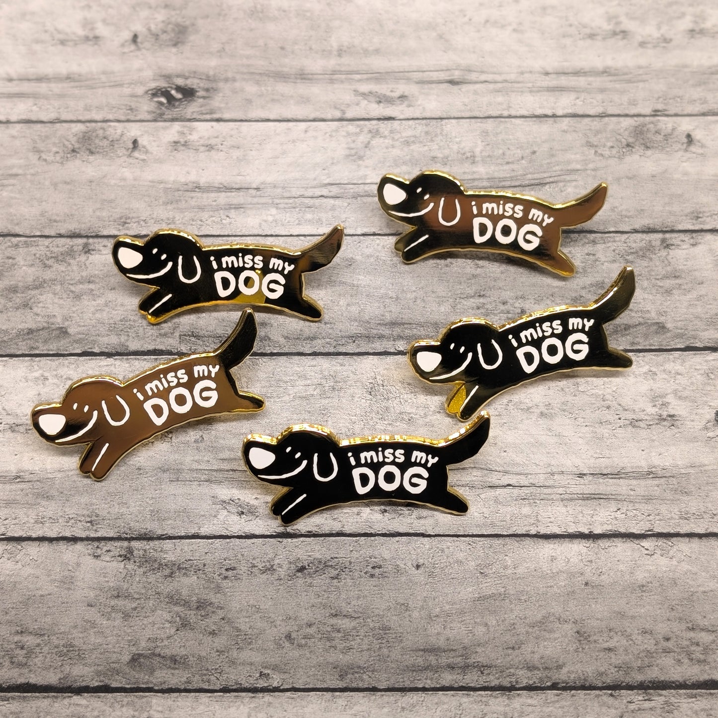 Made By Nao! I Miss My Dog enamel pin, featuring a cute dog design on a metal pin with colorful accents.
