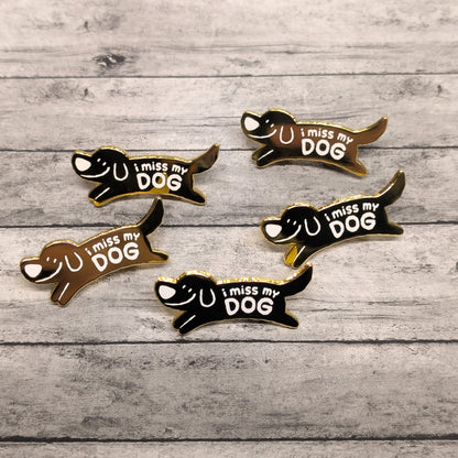 Made By Nao! I Miss My Dog enamel pin, featuring a cute dog design on a metal pin with colorful accents.