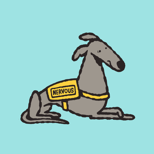 Nervous Dog enamel pin featuring a worried whippet, made by Made By Nao! perfect for dog lovers and enamel pin collectors.