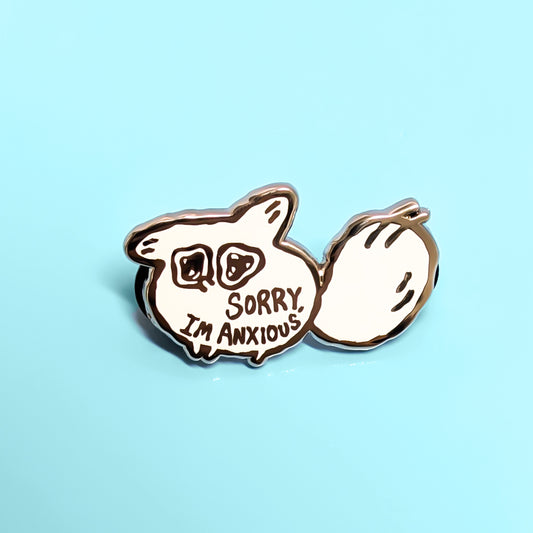 Anxiety fox enamel pin by Made By Nao! featuring a cute fox design with a relatable "Sorry, I’m Anxious" message.