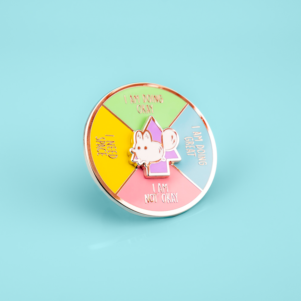 Made By Nao! Anxiety Fox enamel pin featuring spinner mood picker, detailed fox design on a metal lapel pin.