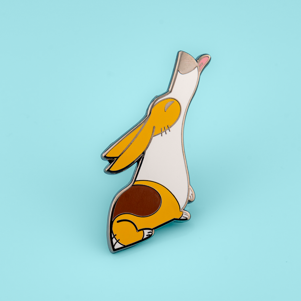 Orange and black Pembroke Welsh Corgis enamel pin by Made By Nao! featuring detailed Corgi dog design.