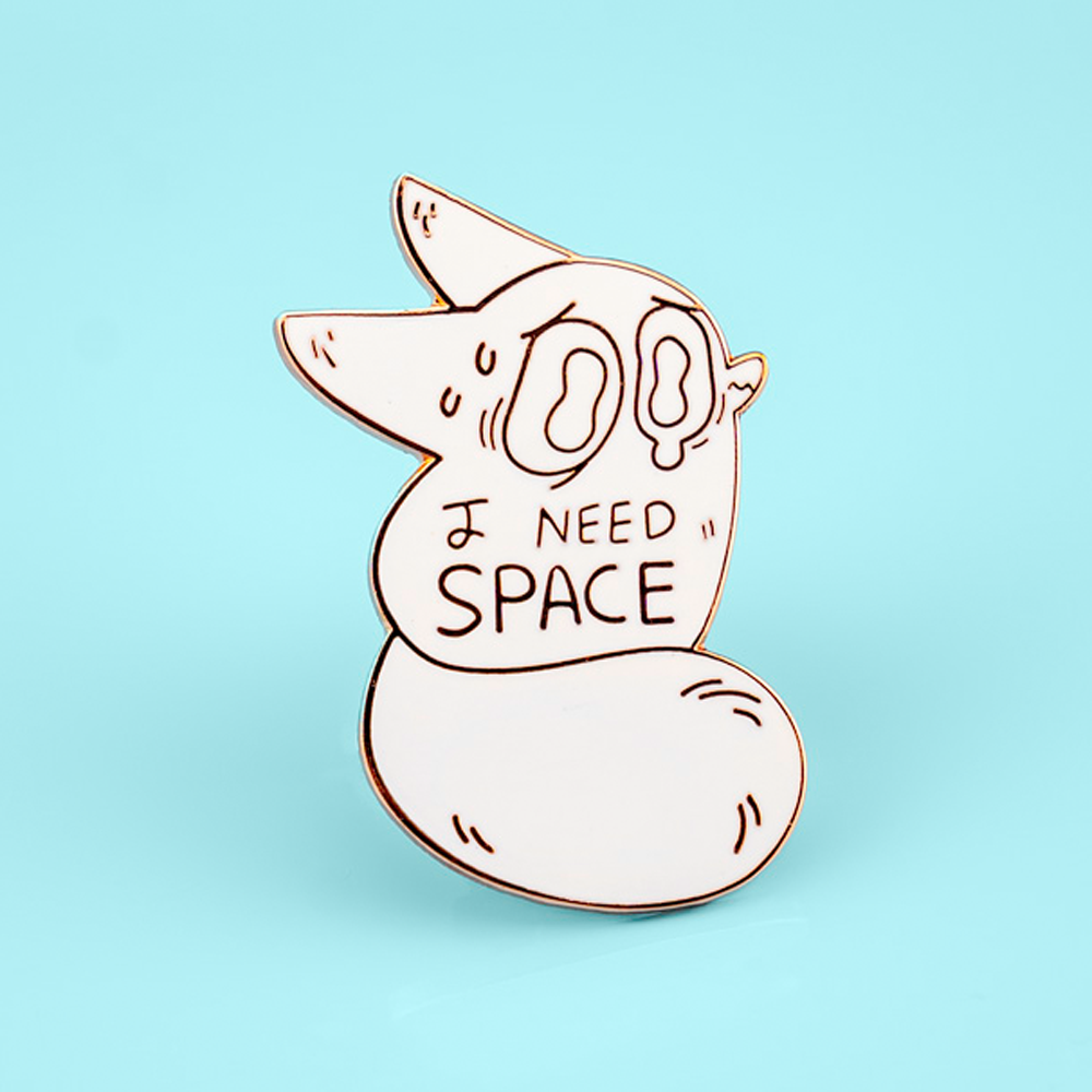 Gold enamel pin featuring a fox with space-themed design from the I Need Space collection by Made By Nao!
