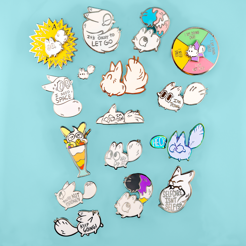 Enamel pin featuring a cute fox design with "I Need Space" text, made by Made By Nao!