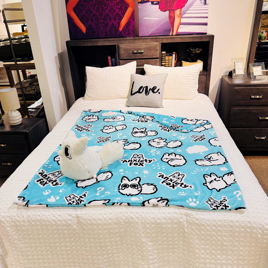 Soft plush Anxiety Fox throw blanket by Made By Nao! featuring a cozy, comforting fox design for home decor and comfort.
