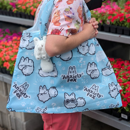 Made By Nao! Anxiety Fox reusable tote bag with printed fox design, perfect for home goods and eco-friendly shopping.