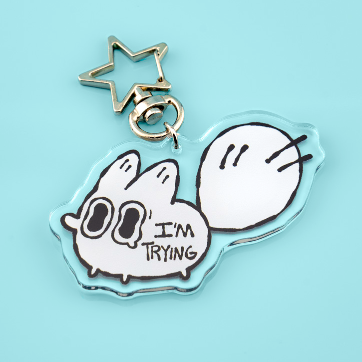 I'm Trying acrylic keychain featuring a cute fox design by Made By Nao! perfect for anxiety relief and everyday accessories.