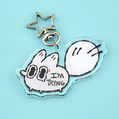 I'm Trying acrylic keychain featuring a cute fox design by Made By Nao! perfect for anxiety relief and everyday accessories.