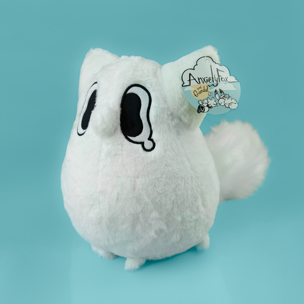 Large fluffy Anxiety Fox plush toy by Made By Nao! soft, cuddly plush with detailed fox features, perfect for comfort and snuggling.