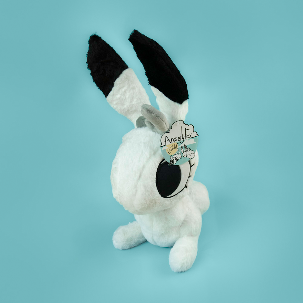 Large fluffy support bunny plush by Made By Nao! Soft, cuddly bunny plush with detailed features, perfect for comfort and decoration.