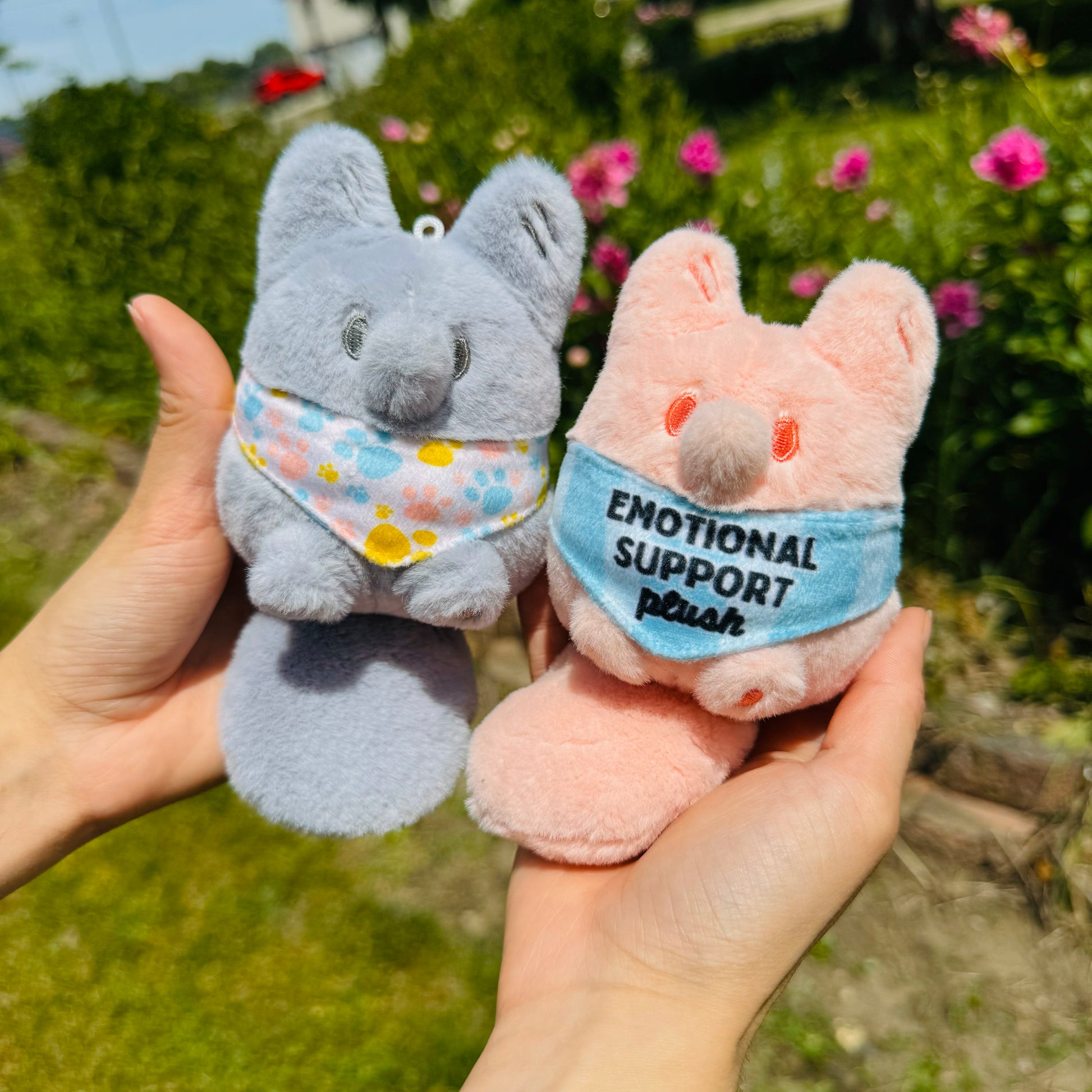 Soft plush Pocket Friends with paw print bandana by Made By Nao! for emotional support and cute comfort.