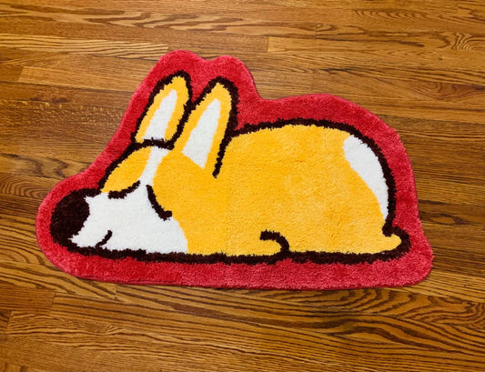 Tufted area rug featuring a cute corgi design, made by Made By Nao! with detailed, colorful dog illustration.