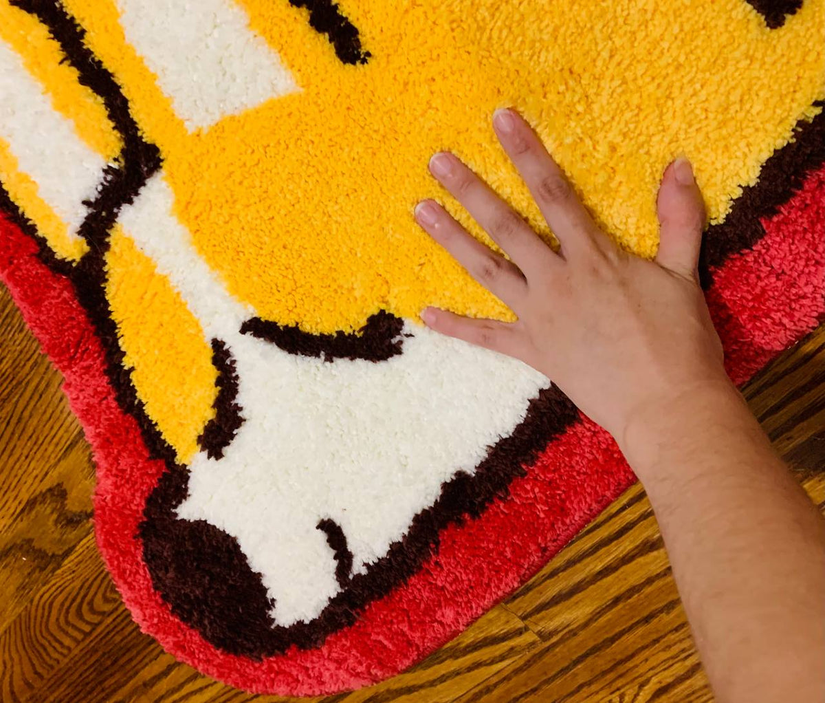 Made By Nao! Bug the Corgi tufted area rug featuring a cute corgi design on soft, plush fabric for cozy home decor.
