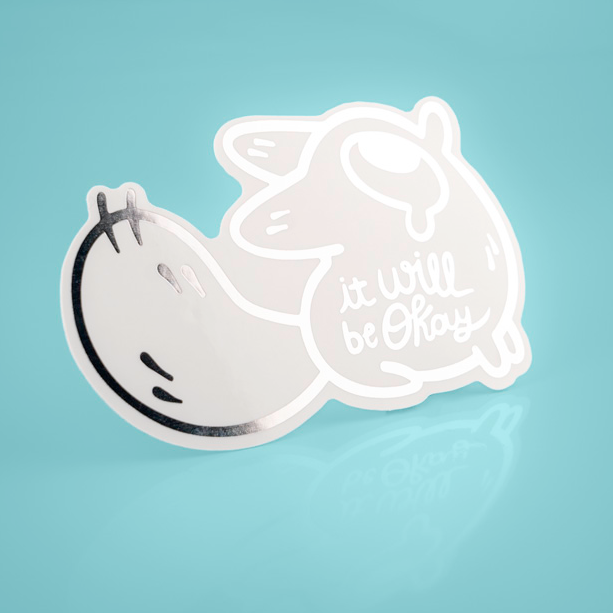 Silver foil vinyl sticker featuring Anxiety Fox & Friends design by Made By Nao! for expressing support and positivity.