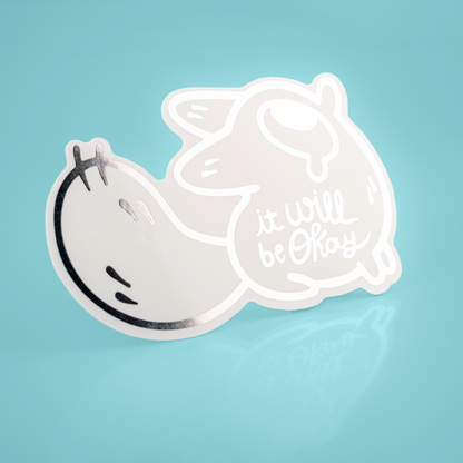 Silver foil vinyl sticker featuring Anxiety Fox & Friends design by Made By Nao! for expressing support and positivity.