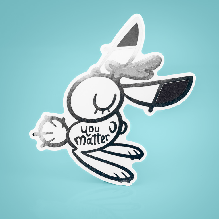 Silver foil vinyl sticker featuring Anxiety Fox and Friends design by Made By Nao! for decorating notebooks and laptops.