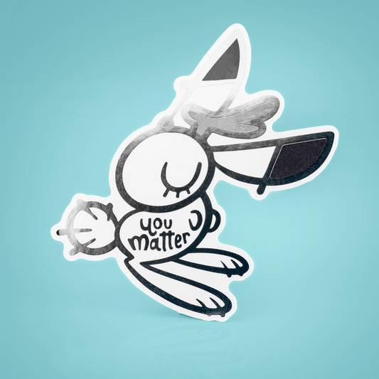 Silver foil vinyl sticker featuring Anxiety Fox and Friends design by Made By Nao! for decorating notebooks and laptops.