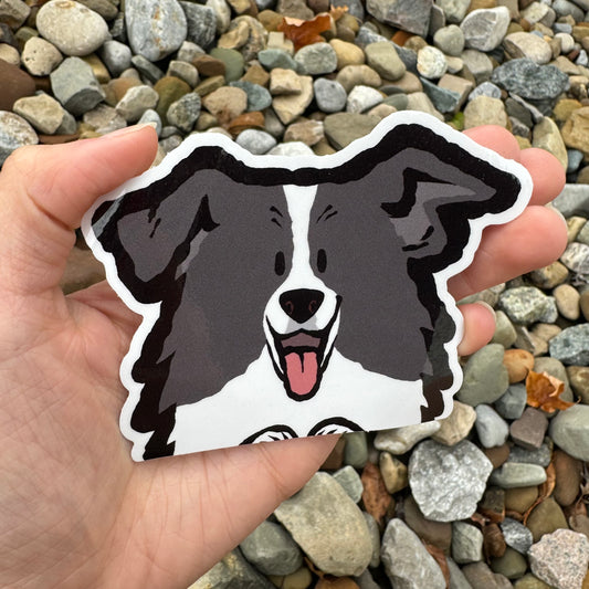 Weather-proof Border Collie Peeker vinyl sticker by Made By Nao! featuring a playful Border Collie cartoon design.
