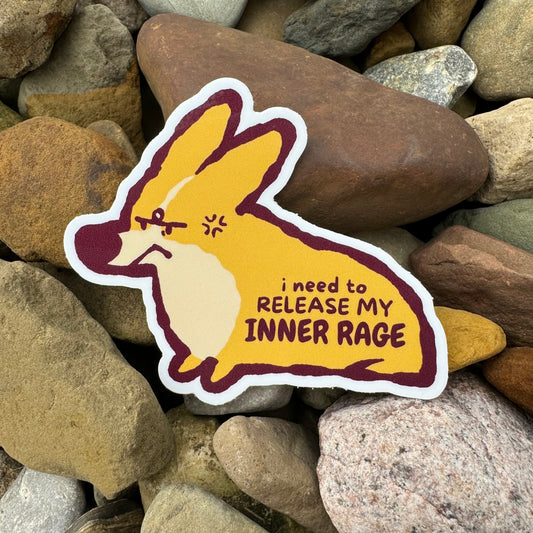 Vinyl sticker of Bug the Corgi from Made By Nao! with an expressive face, suitable for decorating laptops or water bottles.