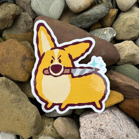 Vinyl sticker featuring Bug the Corgi with a knife design, made by Nao, showcasing vibrant colors and playful character art.