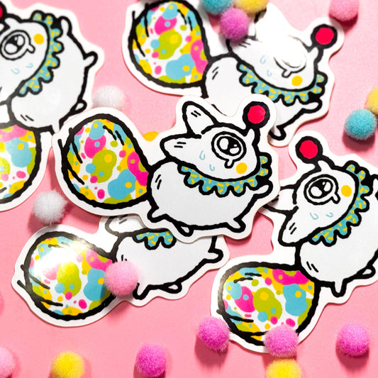 Vinyl sticker of a clown and anxiety fox design by Made By Nao!, featuring vibrant colors and detailed artwork.