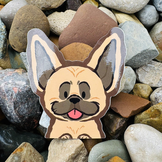 Weather-proof French Bulldog vinyl peeker sticker by Made By Nao!, featuring a cute French Bulldog design on durable vinyl.
