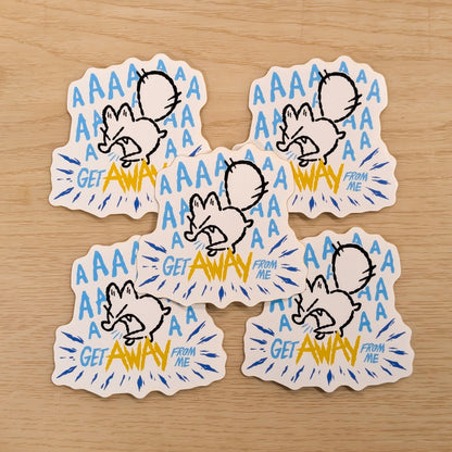 Vinyl sticker of an anxious fox design by Made By Nao! featuring the "Get Away From Me" message, perfect for decorating surfaces.
