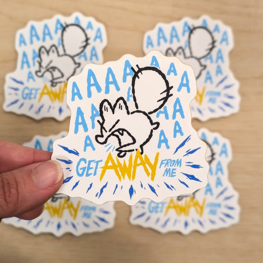 Vinyl sticker of an anxiety fox with the phrase "Get Away From Me" by Made By Nao! featuring a cute fox illustration.