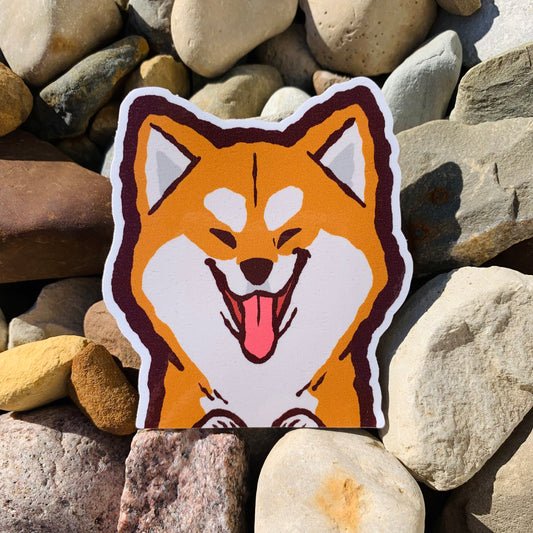 Red Shiba Inu Vinyl Peeker weatherproof sticker by Made By Nao! Durable vinyl decal for outdoor use, featuring a cute Shiba Inu design.