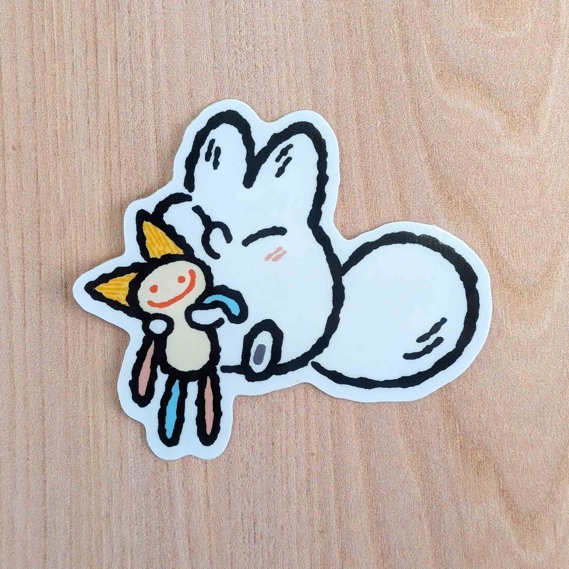 Snuggle Plush Anxiety Fox vinyl sticker by Made By Nao! featuring a cute fox design on a clear sticker sheet.