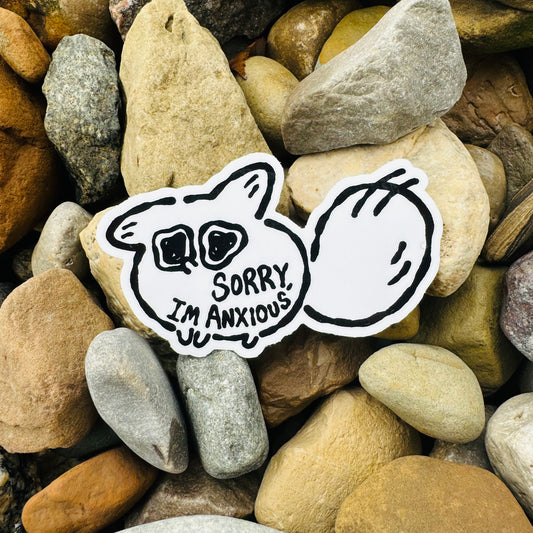 Anxiety Fox vinyl sticker by Made By Nao! featuring a cute fox with "Sorry I'm Anxious" text, ideal for decorating laptops or notebooks.