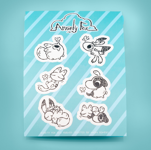 Sticker sheet featuring Anxiety Fox and friends by Made By Nao! colorful, whimsical stickers with cute fox characters and accessories.