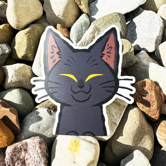 Glossy black cat vinyl sticker by Made By Nao! Weatherproof sticker with peeker design, ideal for outdoor and indoor use.