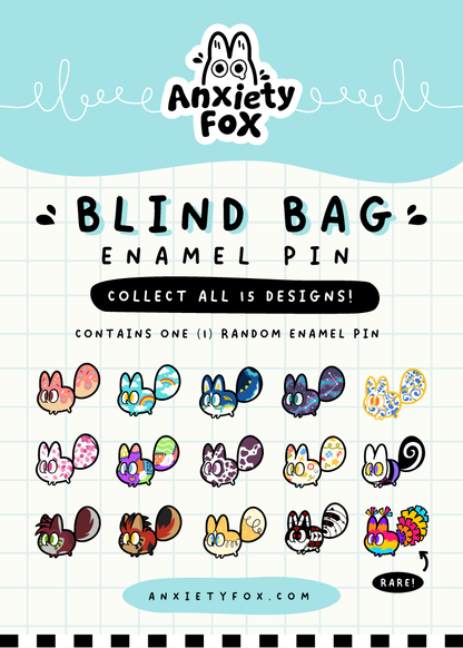 An enamel pin featuring a fox design from Naomi Romero Art's Anxiety Fox Series 1 Blind Bag Pins collection.