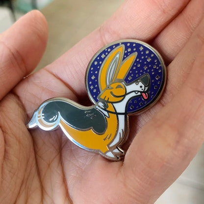 Made By Nao! Gravity Space Corgi enamel pin featuring a cute space-themed design on a shiny metal pin.